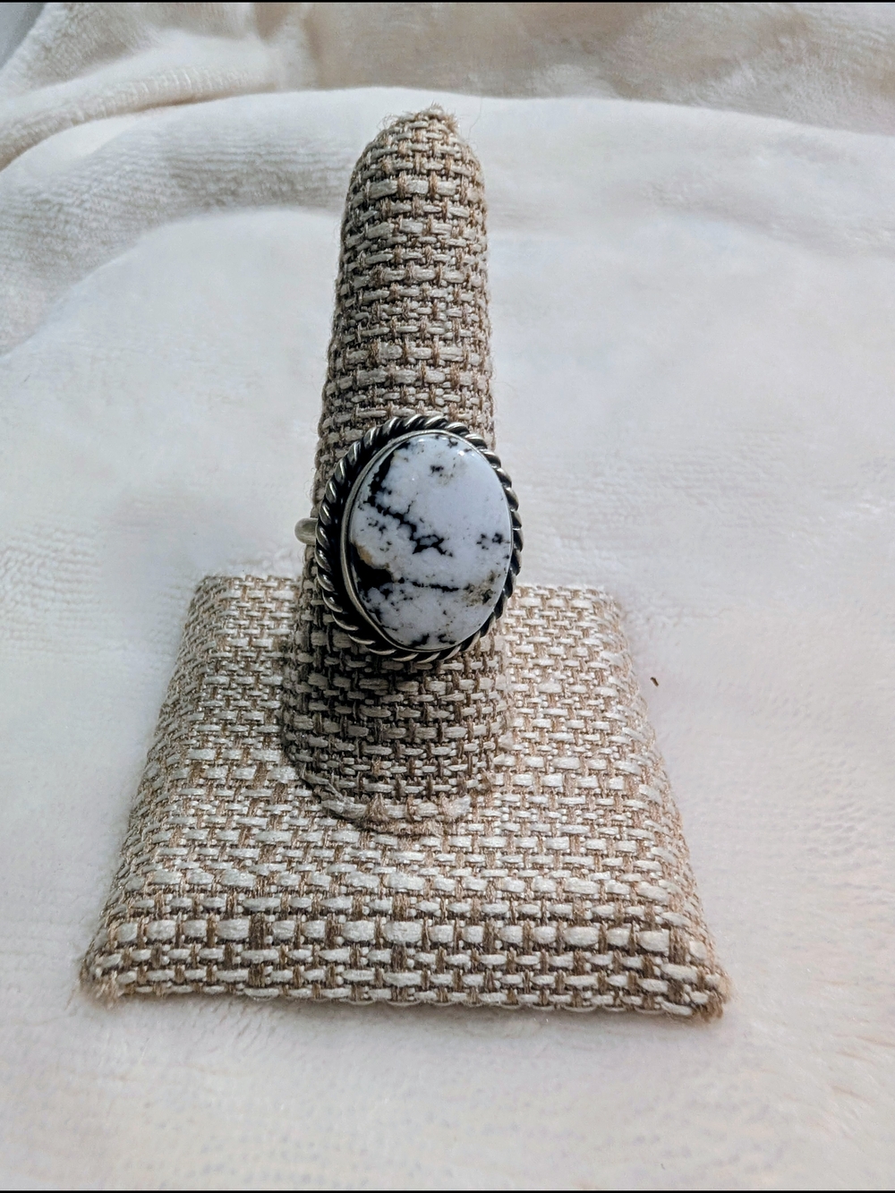 Native Sterling Silver Ring with White Buffalo Oval
